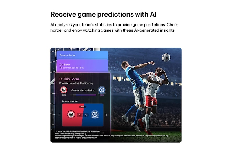 LG QNED evo AI QNED75 Mini LED Sports Forecast by AI Concierge displays a live soccer match with an on-screen AI panel presenting predictions, game insights, and league data, suggesting how AI analyzes gameplay to forecast match outcomes. 